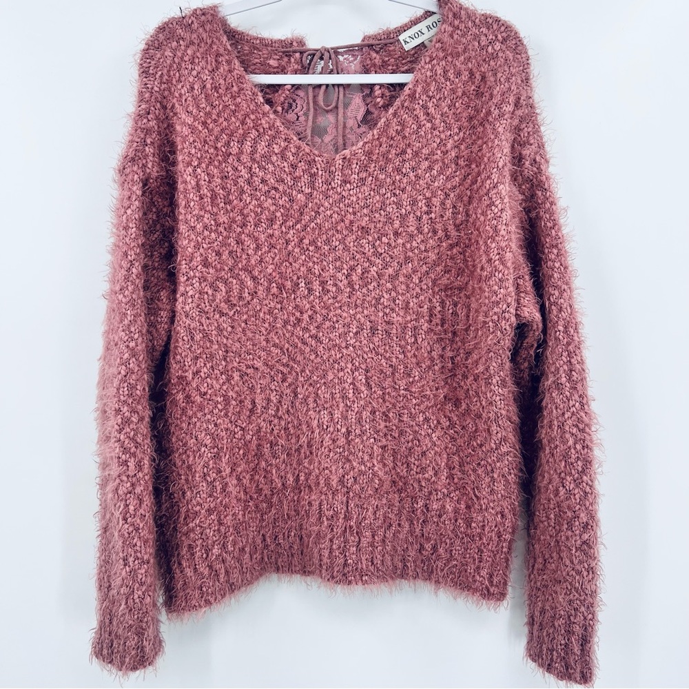 LIKE NEW! Knox Rose Dusty Rose Fuzzy Eyelash Soft Lace Back Sweater Pink XL